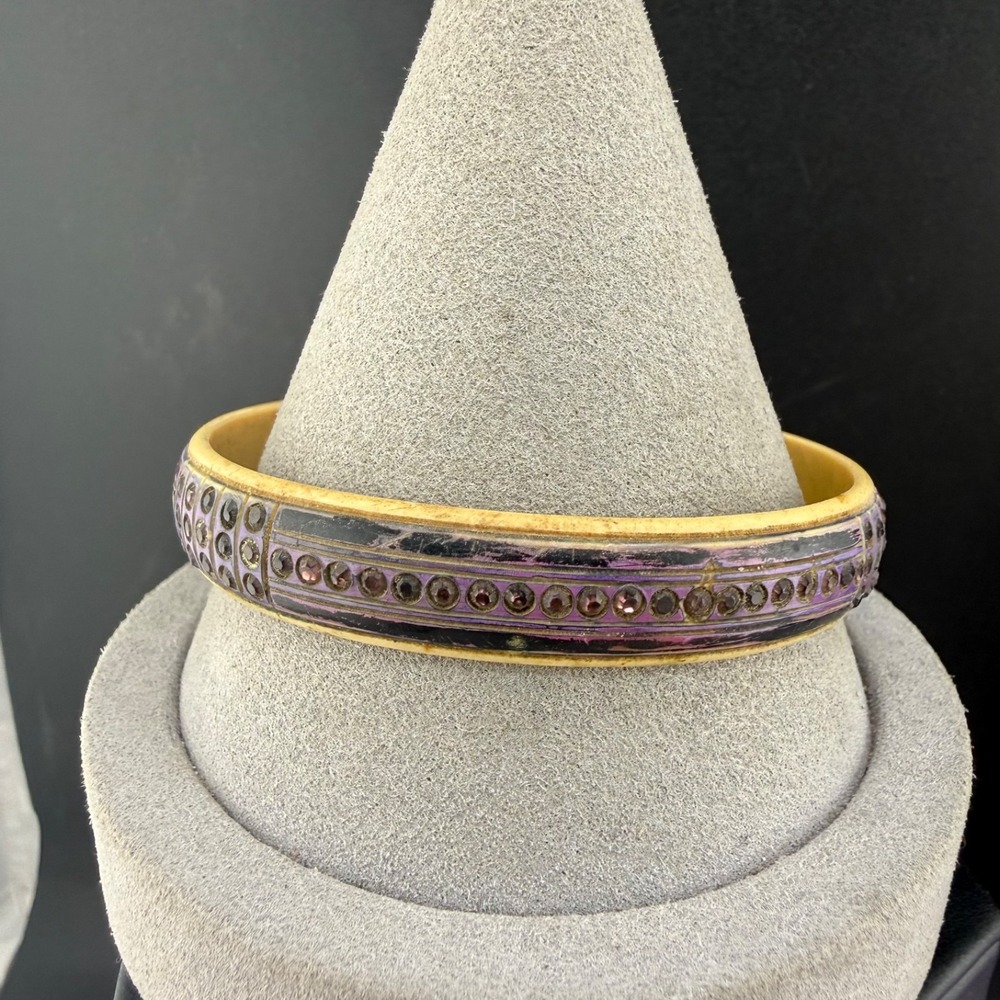 Vintage Celluloid Deco Rhinestone Bangle Bracelet Purple 8”